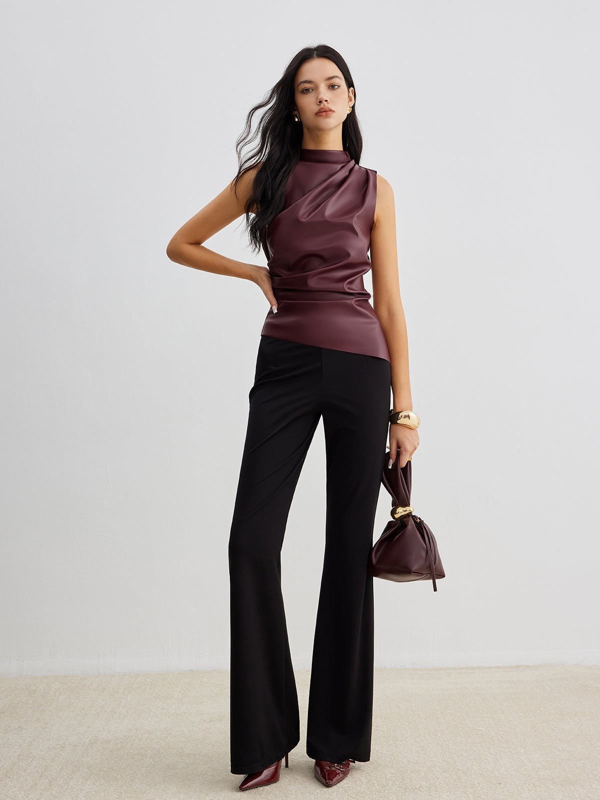 Mock Neck Faux Deri Cinched Tank Üst - Phentora