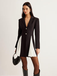 Siyah Beyaz Pile Detaylı Blazer Elbise - Phentora