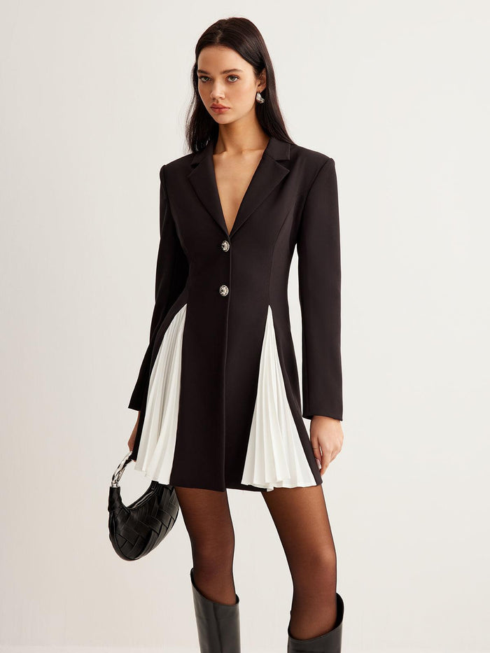 Siyah Beyaz Pile Detaylı Blazer Elbise - Phentora
