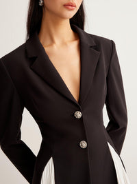 Siyah Beyaz Pile Detaylı Blazer Elbise - Phentora
