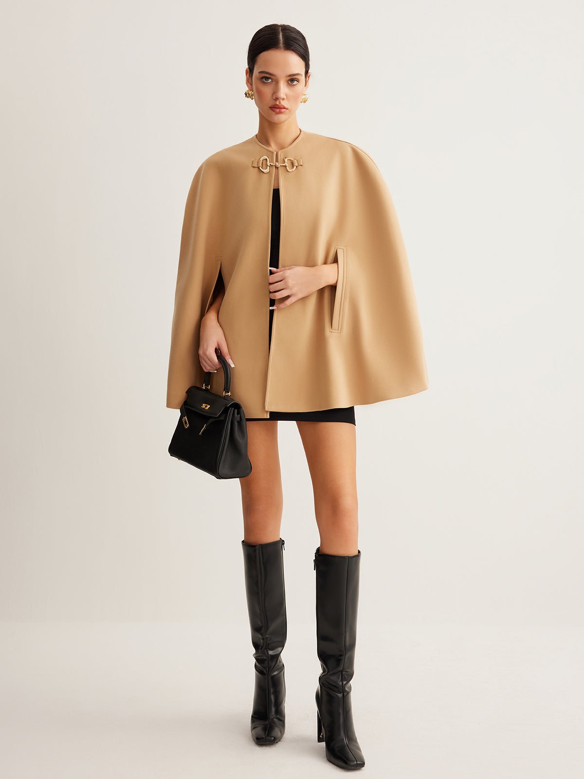Metal Detaylı Düz Tweed Pelerin - Phentora