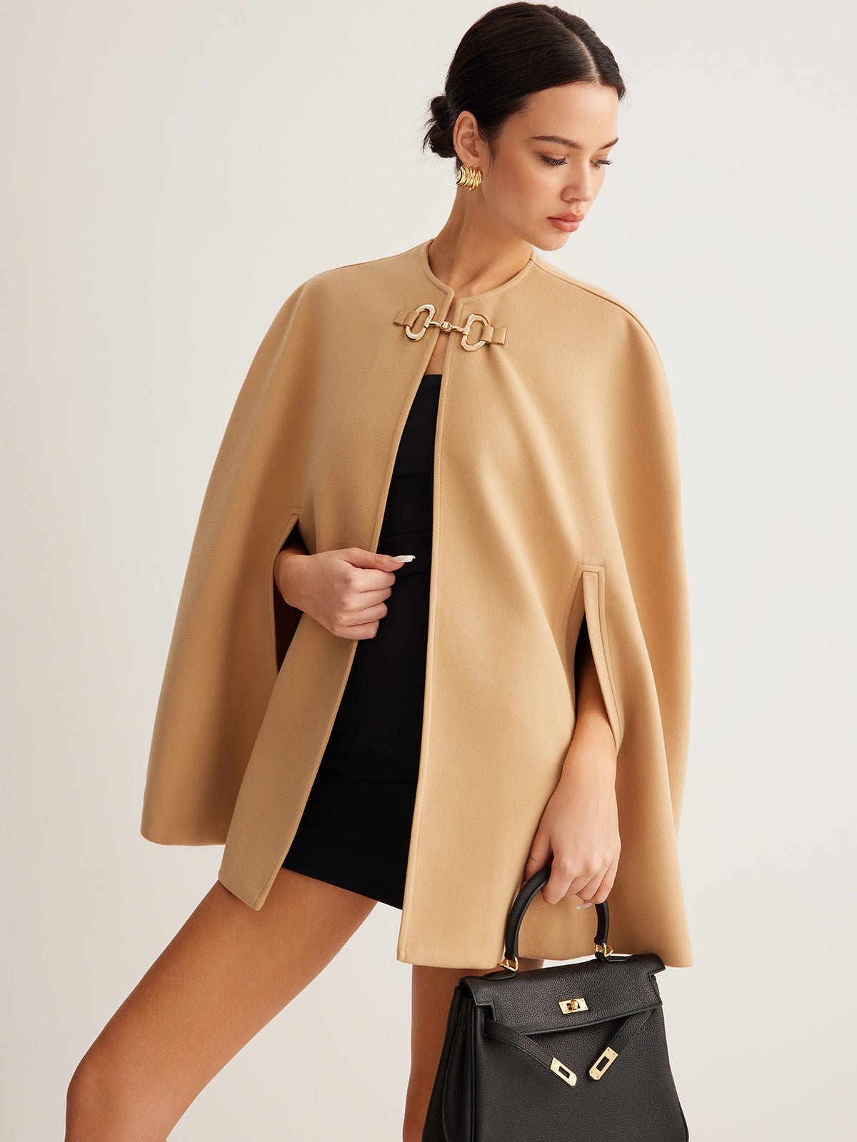 Metal Detaylı Düz Tweed Pelerin - Phentora