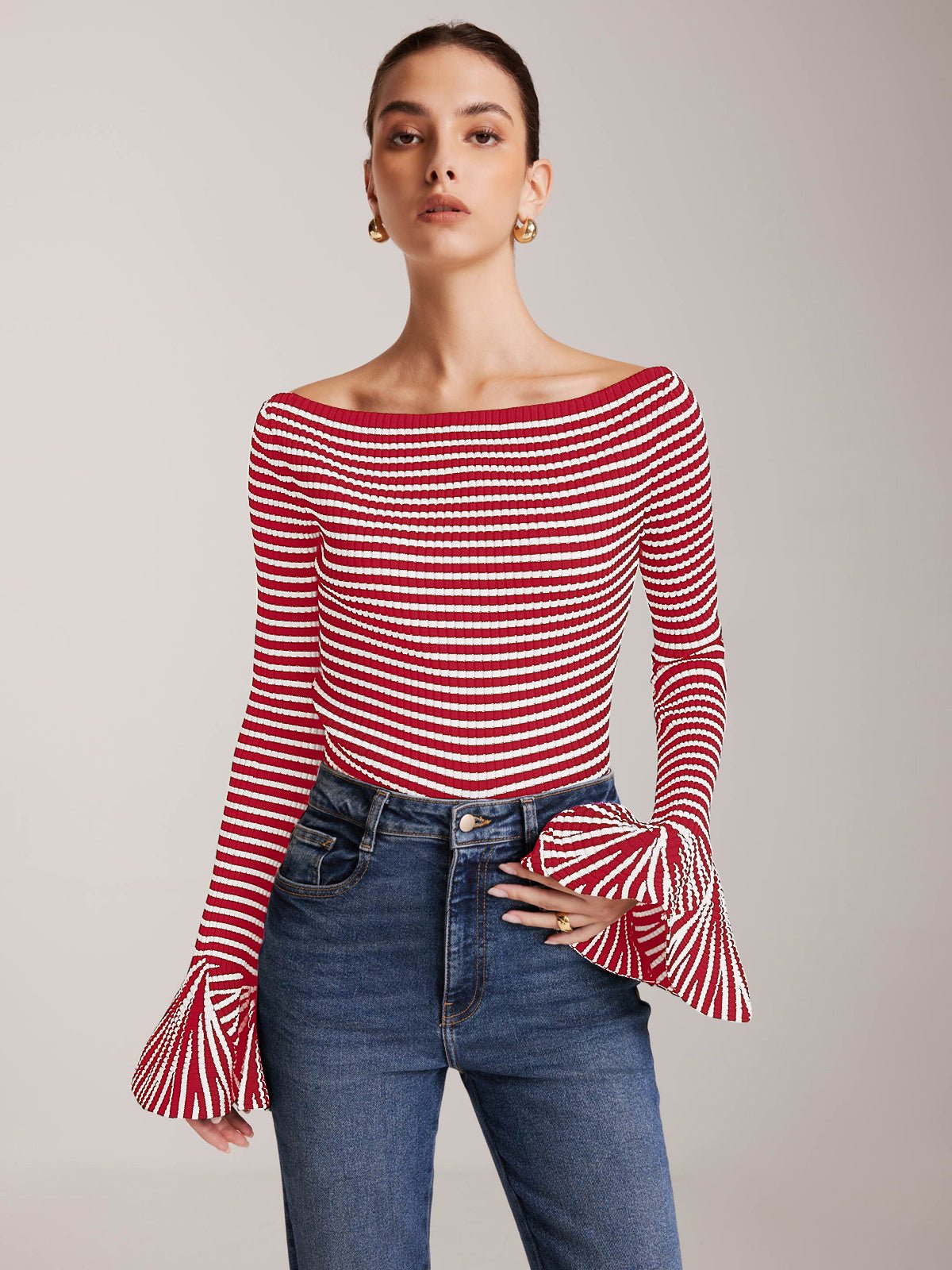 Striped Fırfırlı - Sleeve Triko Üst - Phentora