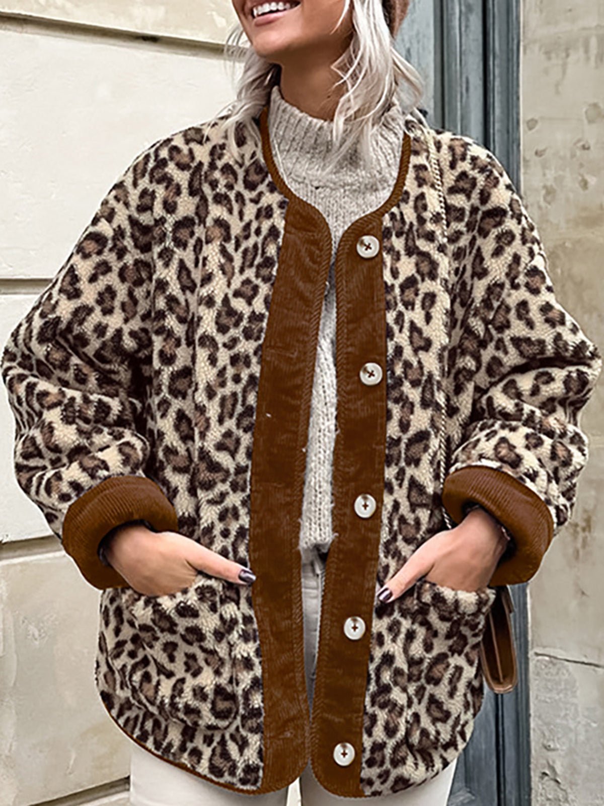 Kontrast Kenar Minky Leopar Ceket - Phentora