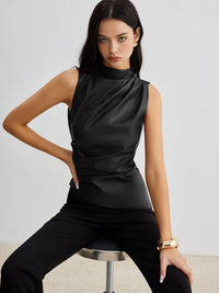 Mock Neck Faux Deri Cinched Tank Üst - Phentora