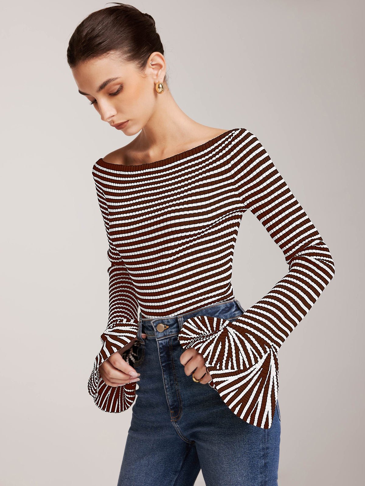 Striped Fırfırlı - Sleeve Triko Üst - Phentora