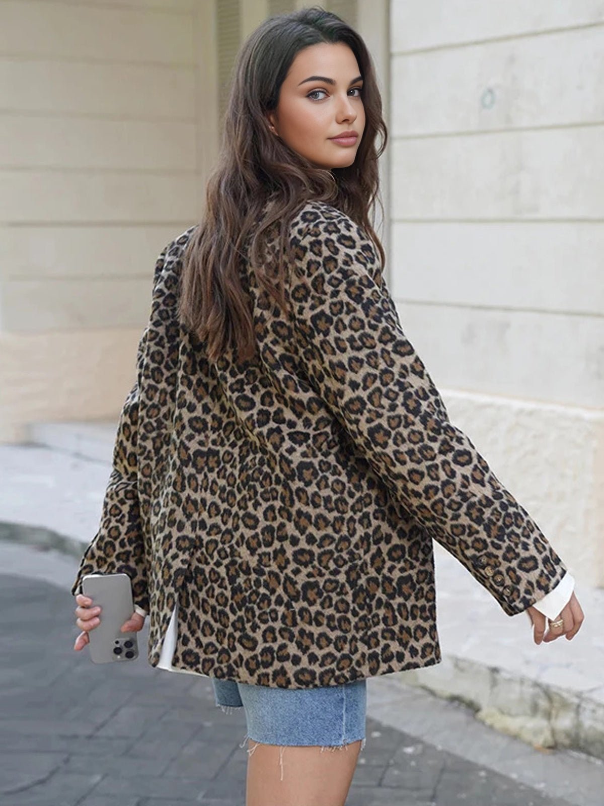 Leopar Desenli Düğmeli Tweed Ceket - Phentora