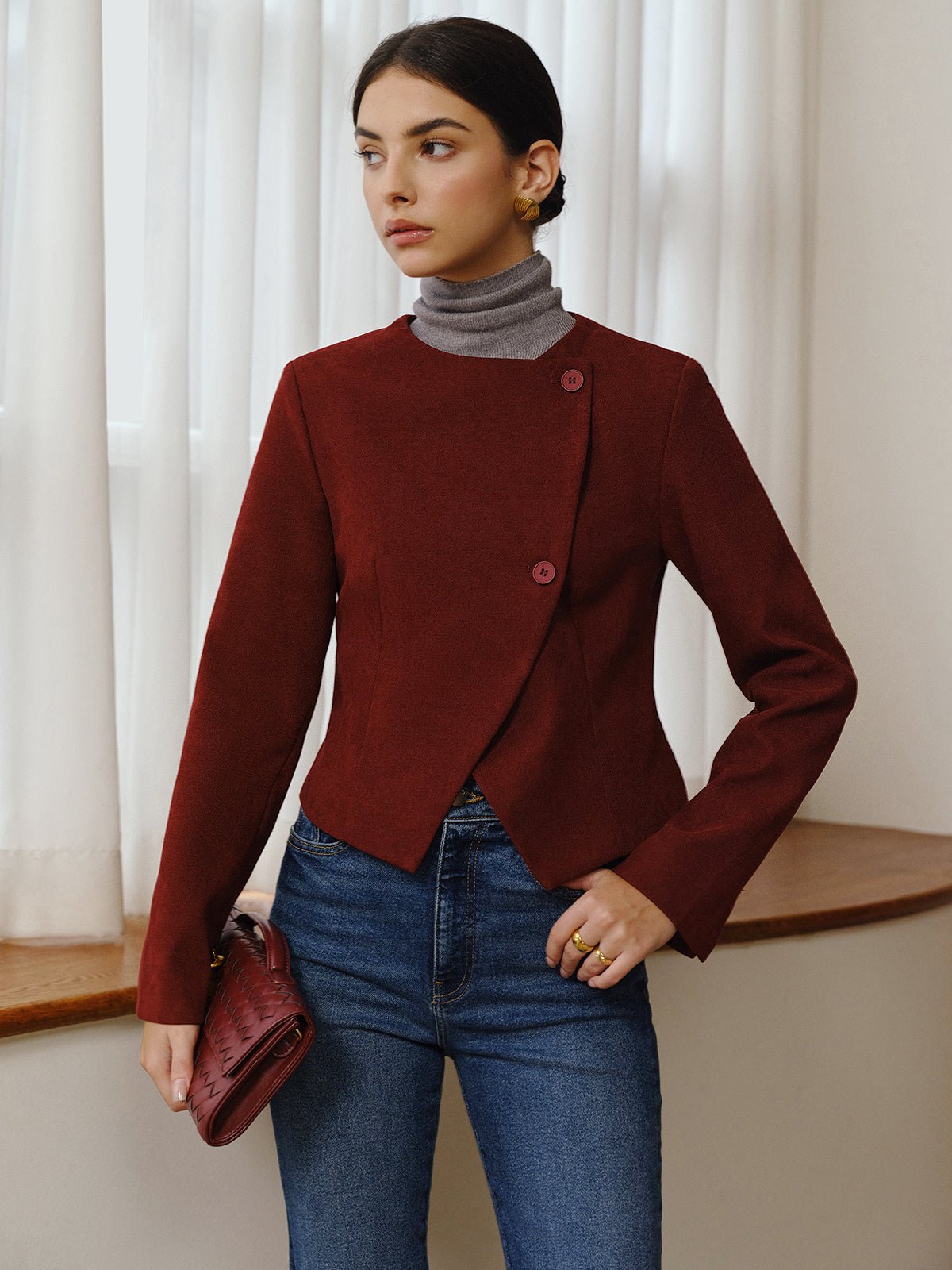 Asimetrik Yaka Kısa Blazer - Phentora