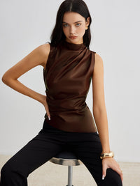 Mock Neck Faux Deri Cinched Tank Üst - Phentora