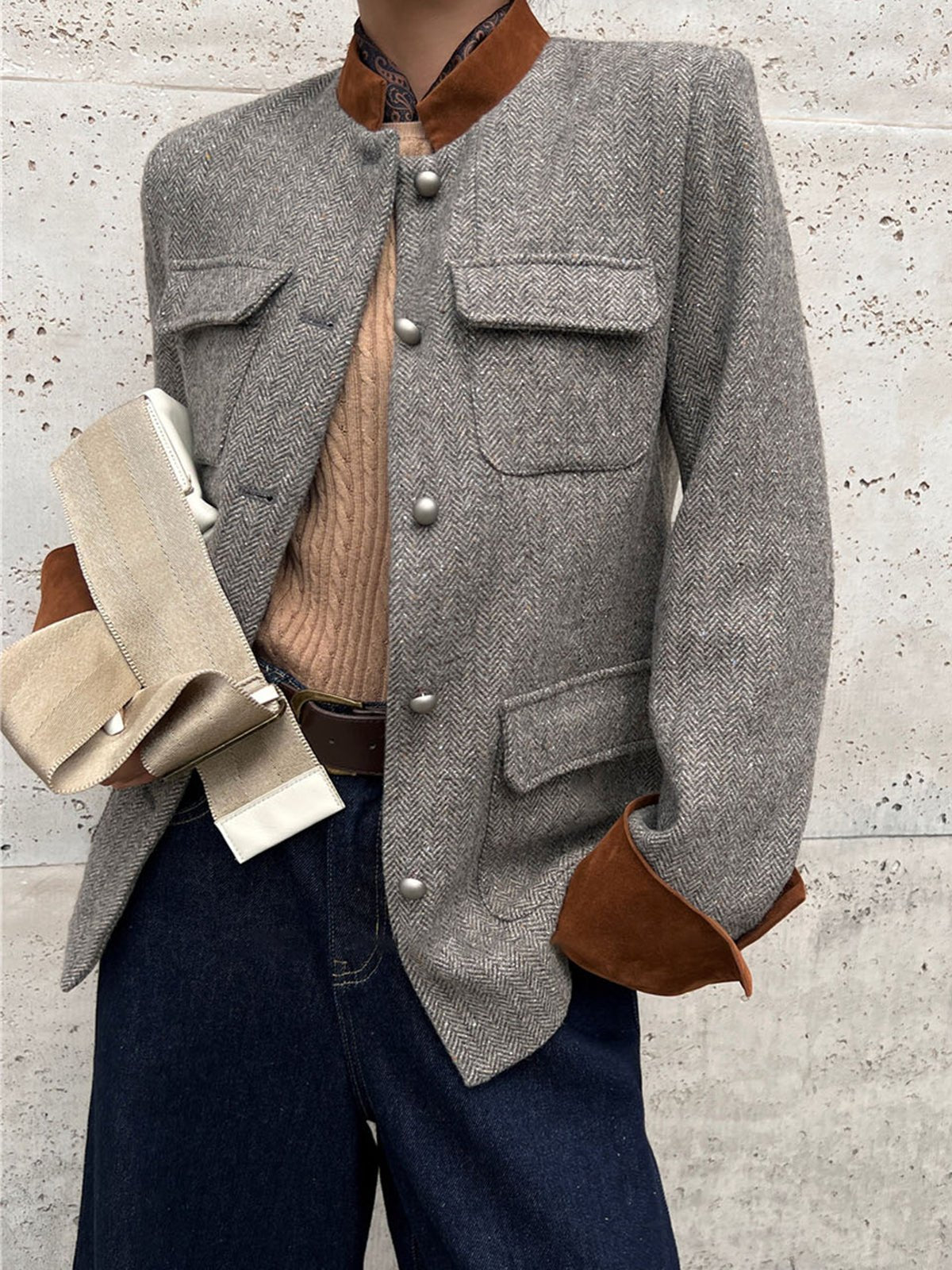 Contrast Trim Chevron Düğmeli Ceket - Phentora