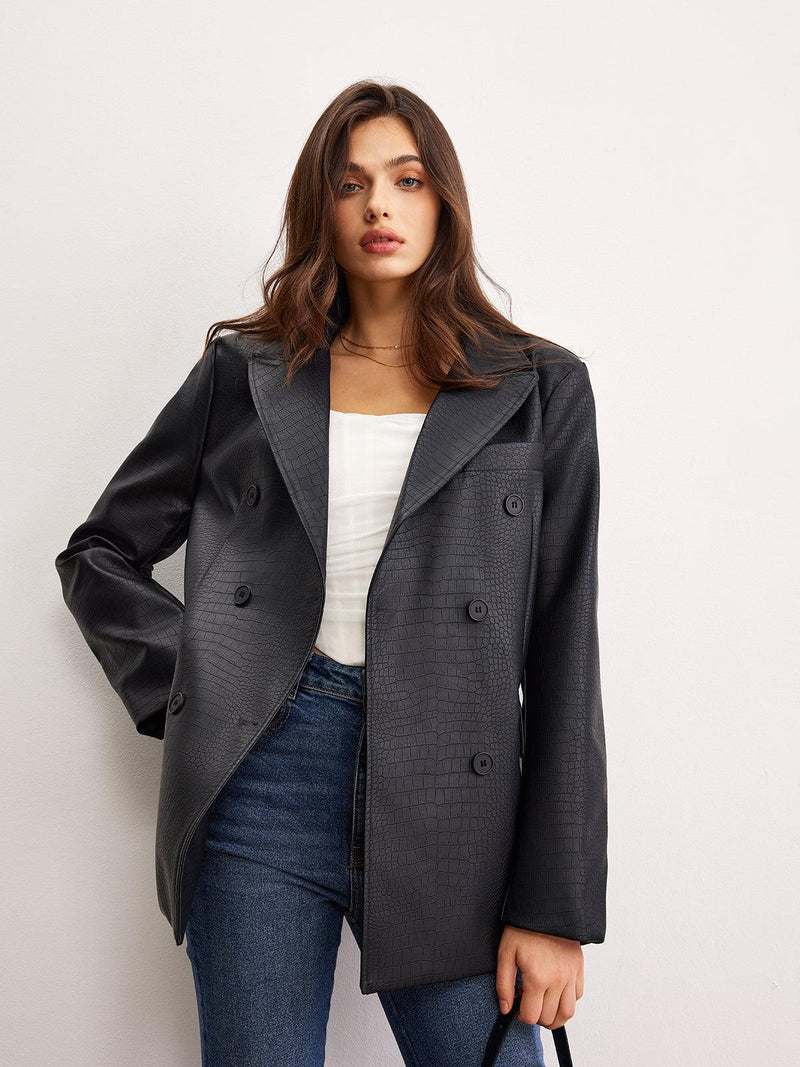 Siyah Croco Desenli Deri Blazer Ceket - Phentora