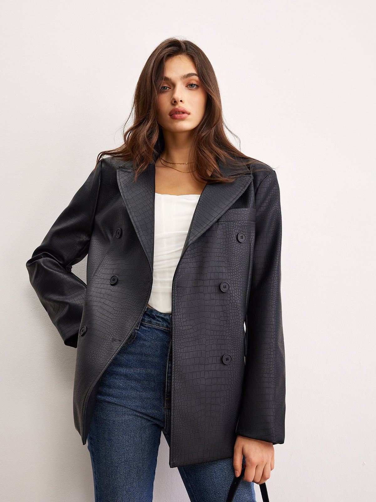 Timsah PU Deri Düğmeli Blazer - Phentora