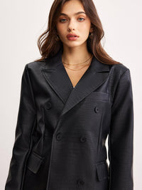 Siyah Croco Desenli Deri Blazer Ceket - Phentora