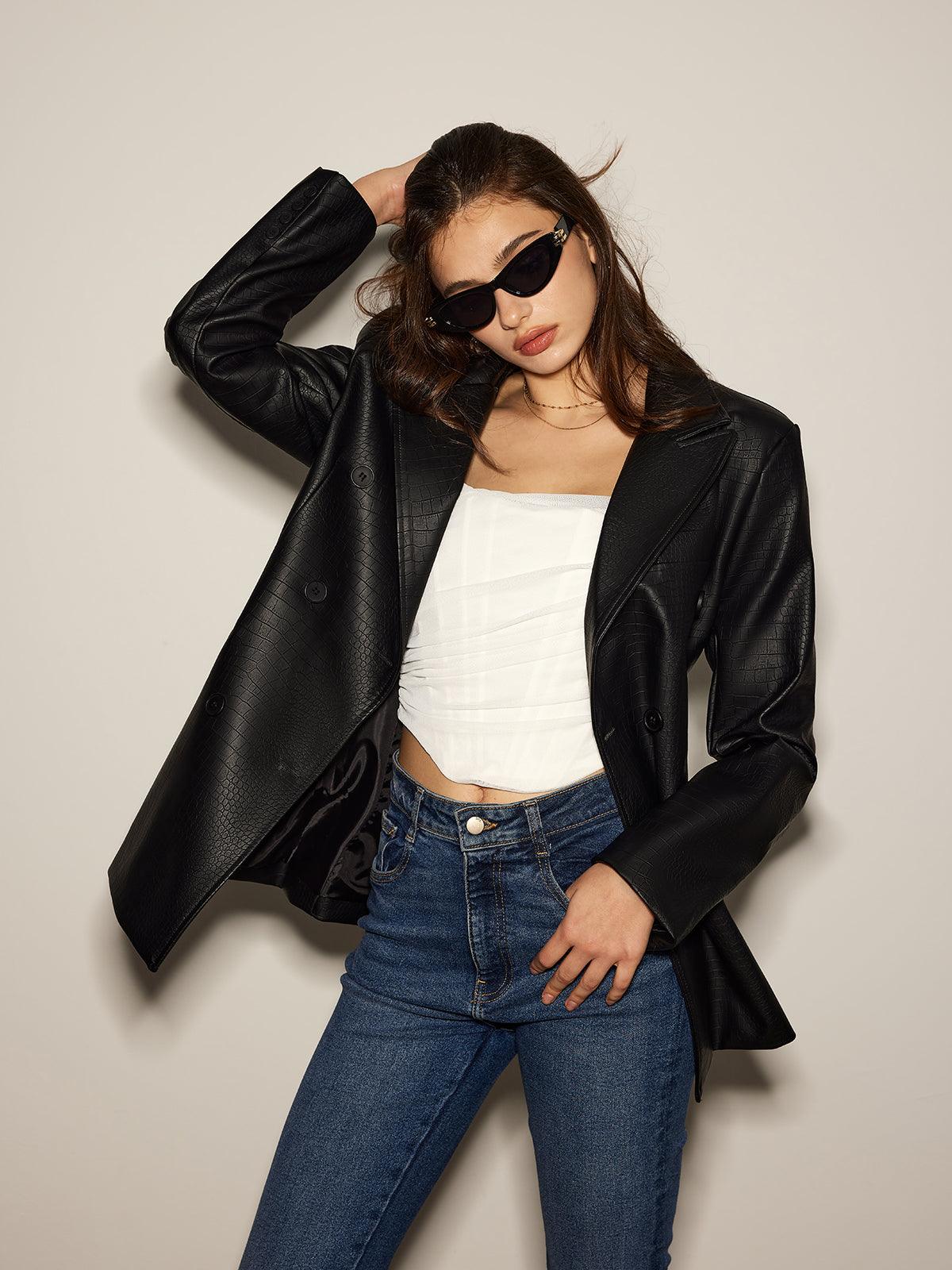 Siyah Croco Desenli Deri Blazer Ceket - Phentora