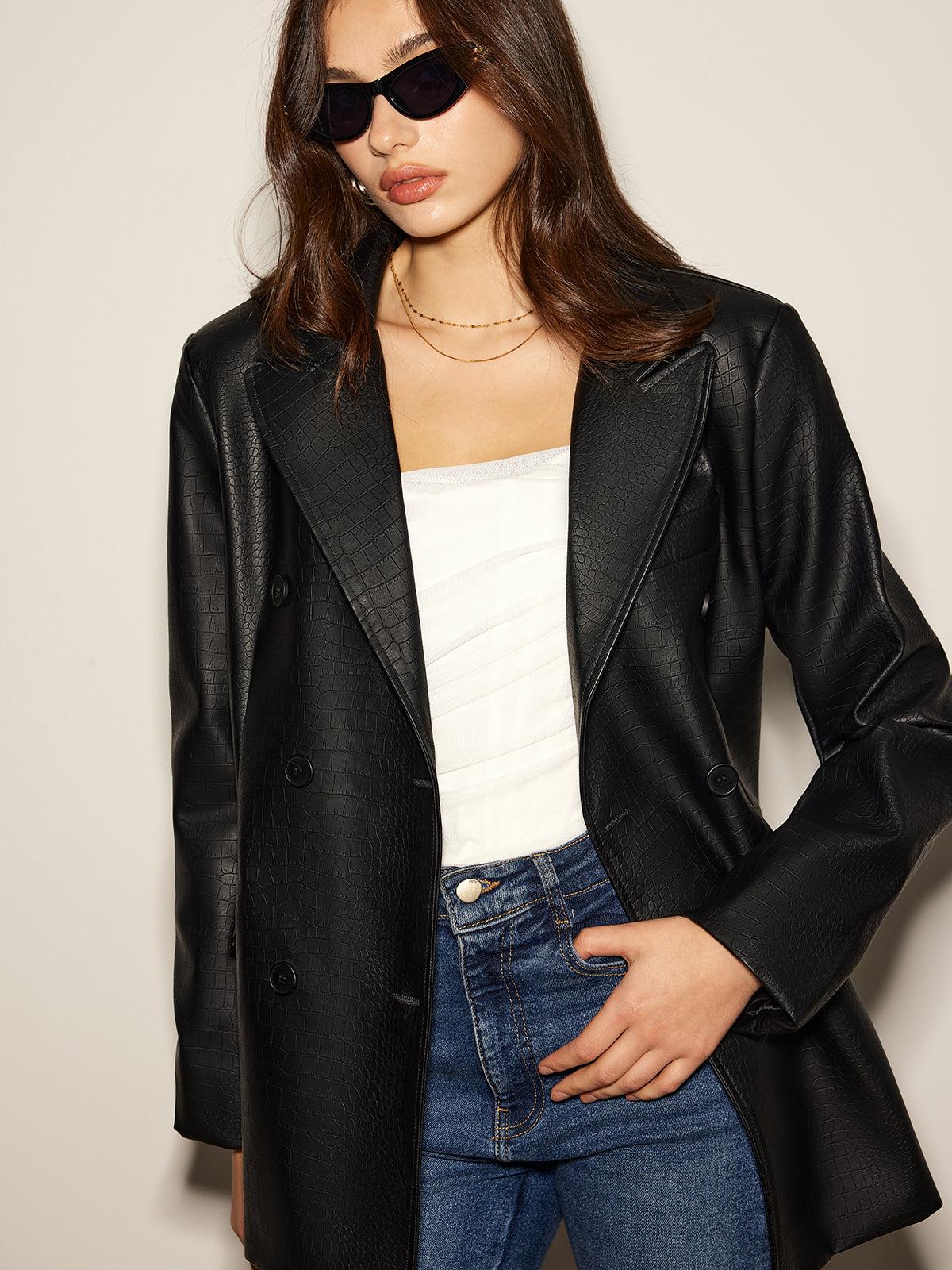 Siyah Croco Desenli Deri Blazer Ceket - Phentora