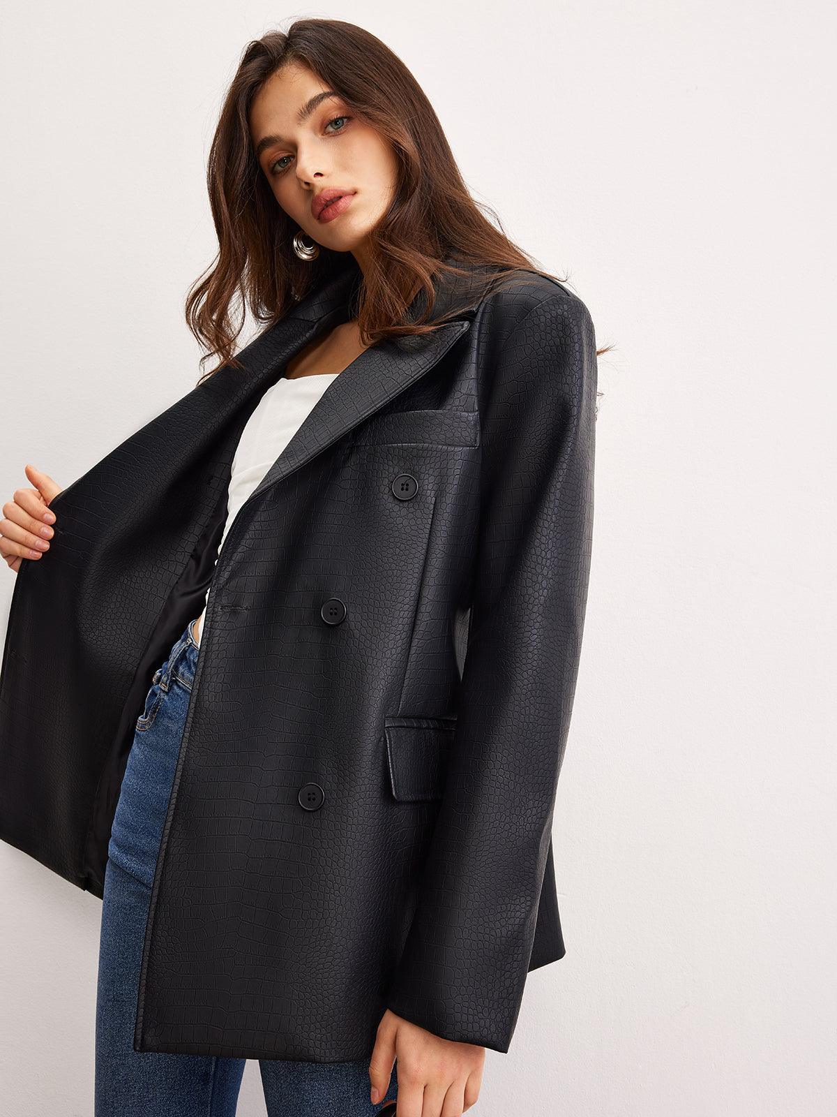 Siyah Croco Desenli Deri Blazer Ceket - Phentora