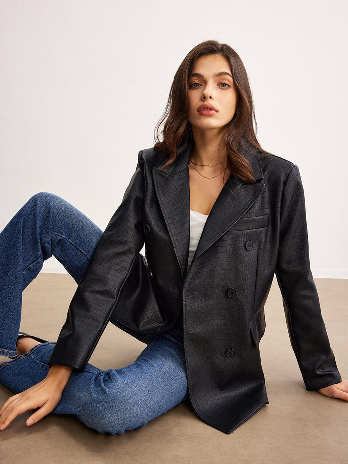 Siyah Croco Desenli Deri Blazer Ceket - Phentora