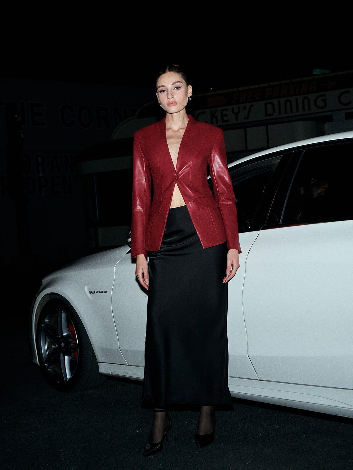 Bordo Deri Blazer Ceket - Phentora