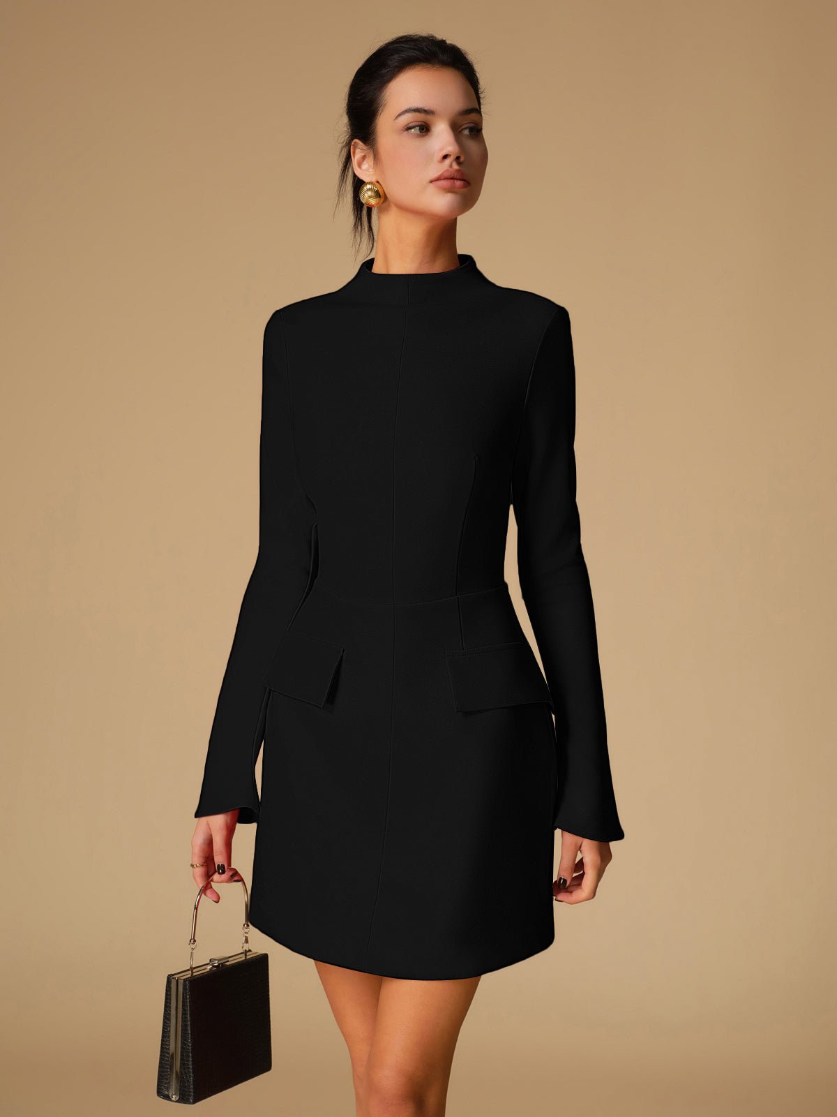 Minimalist Düz Mock Neck Elbise - Phentora
