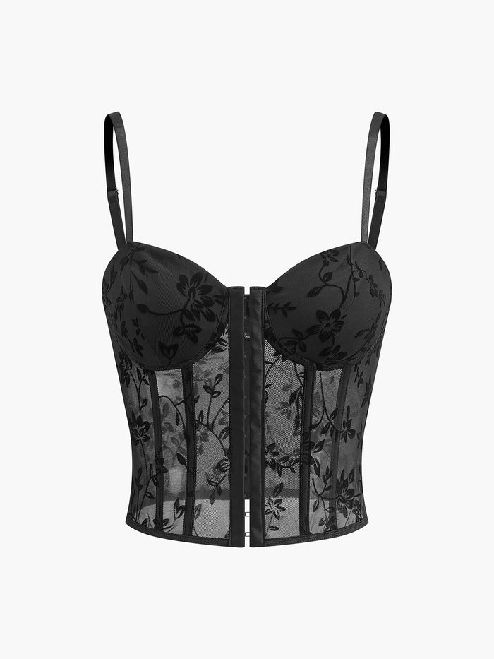 Çiçek Desenli Sheer Tül Structured Korse - Phentora
