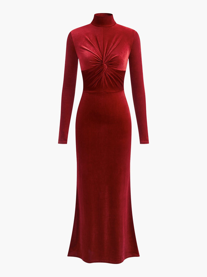 Mock Neck Knotted Kadife Elbise - Phentora