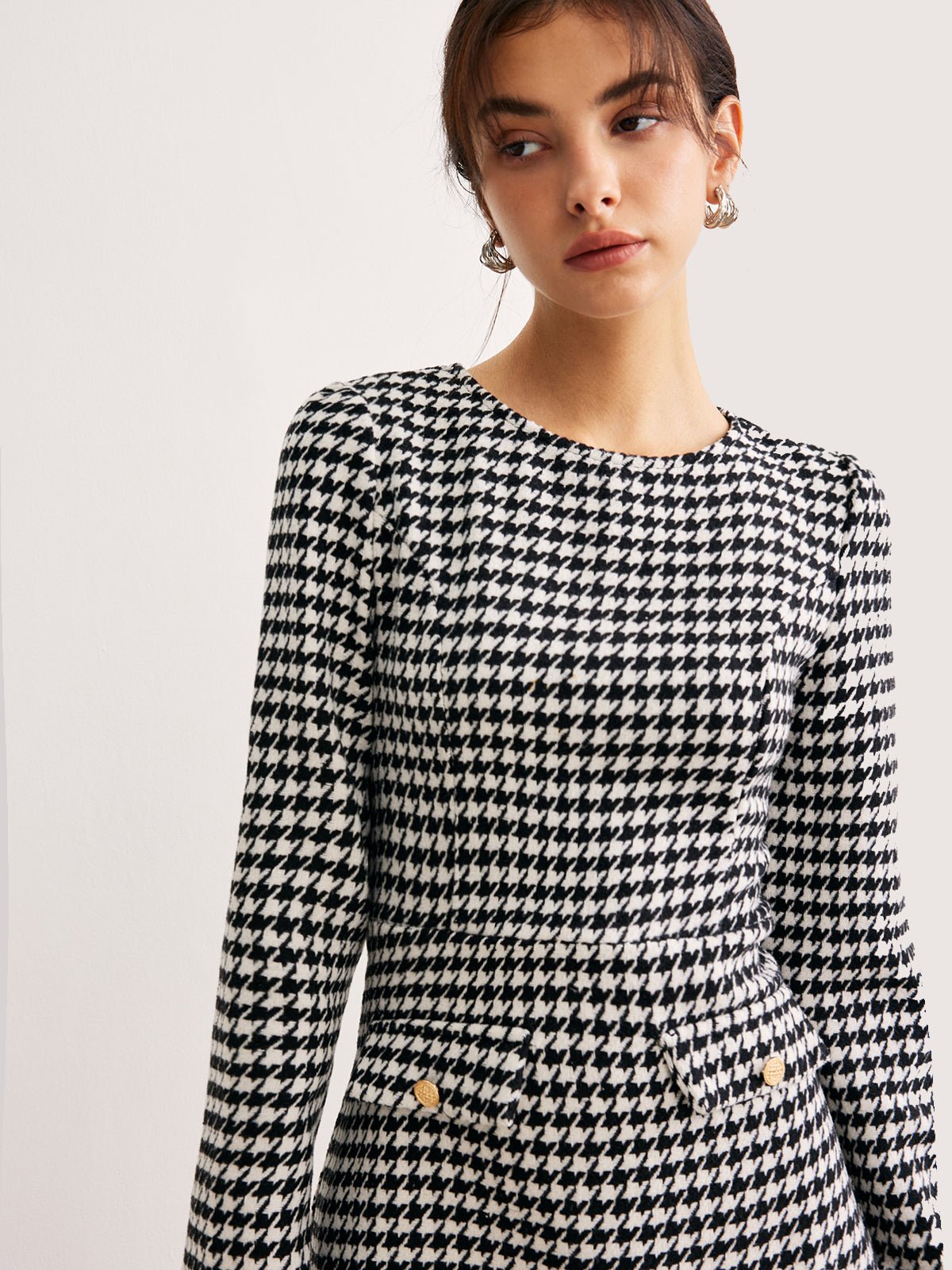 Houndstooth Panel Kısa Elbise - Phentora