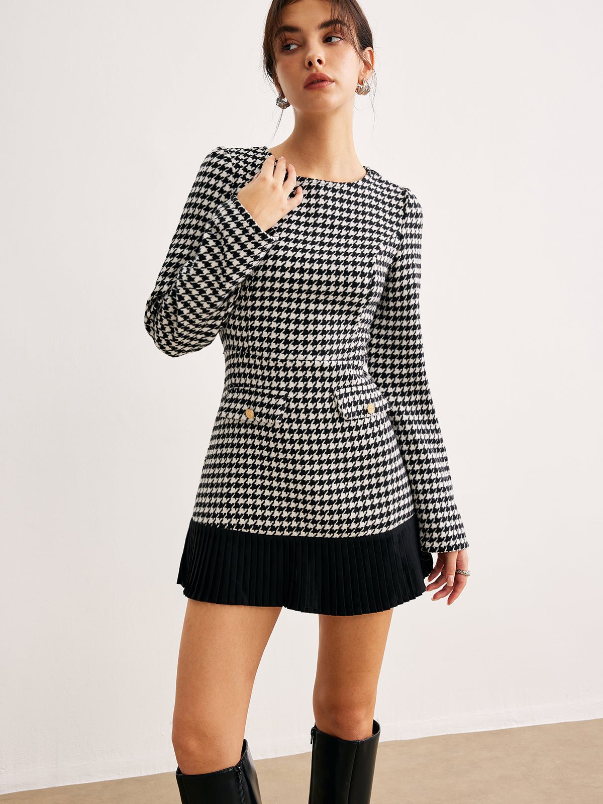 Houndstooth Panel Kısa Elbise - Phentora