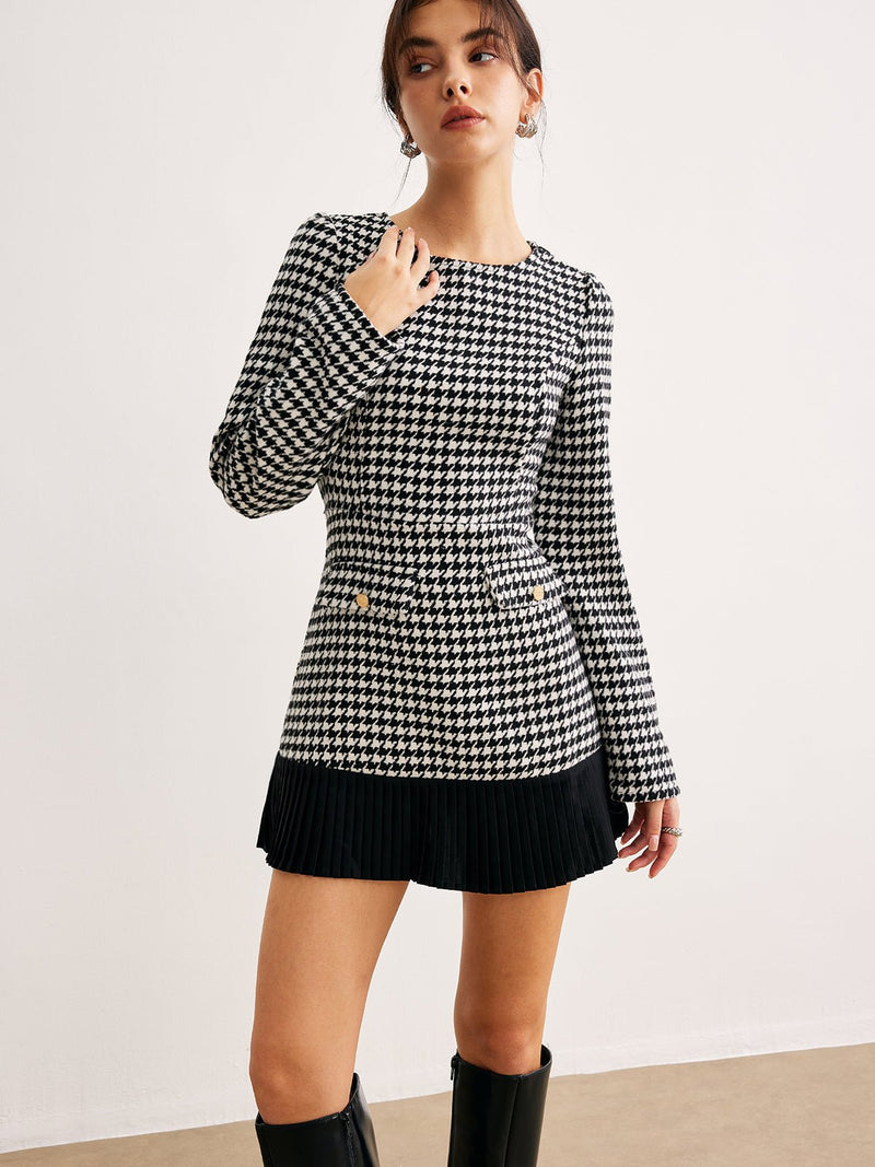 Houndstooth Panel Kısa Elbise - Phentora