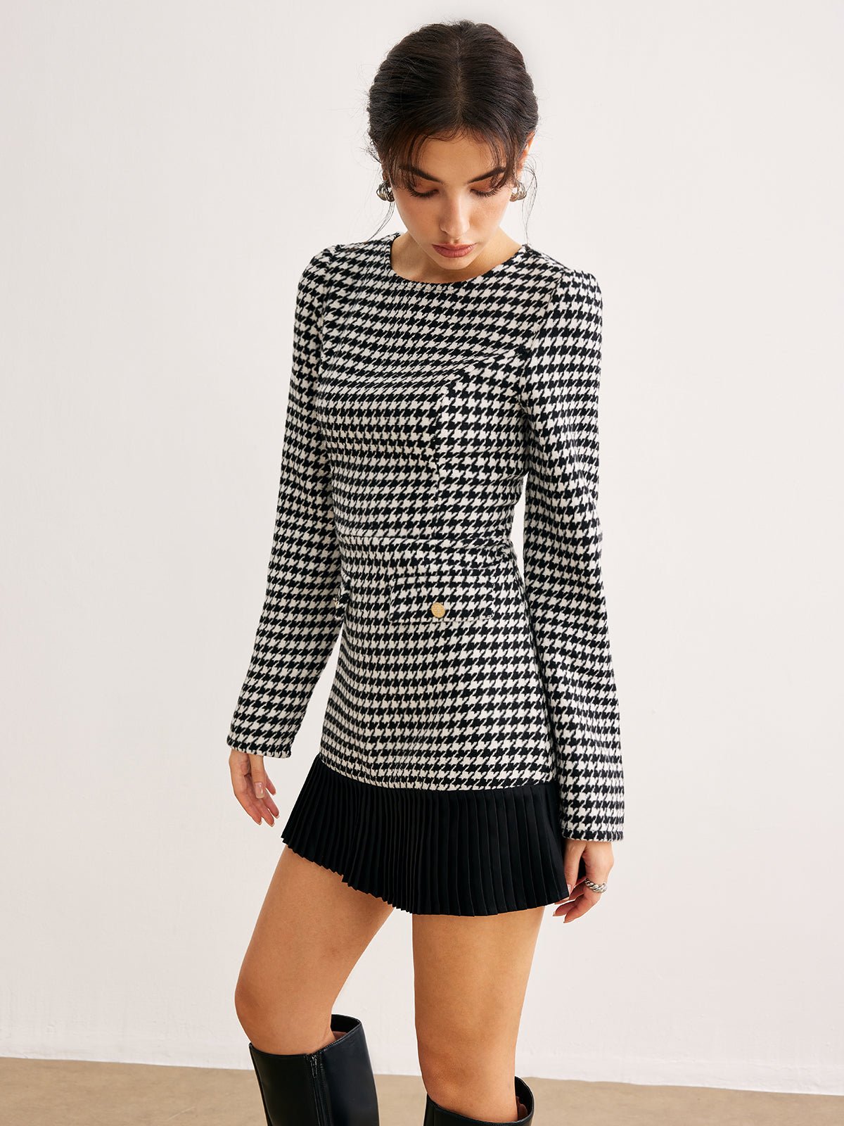 Houndstooth Panel Kısa Elbise - Phentora