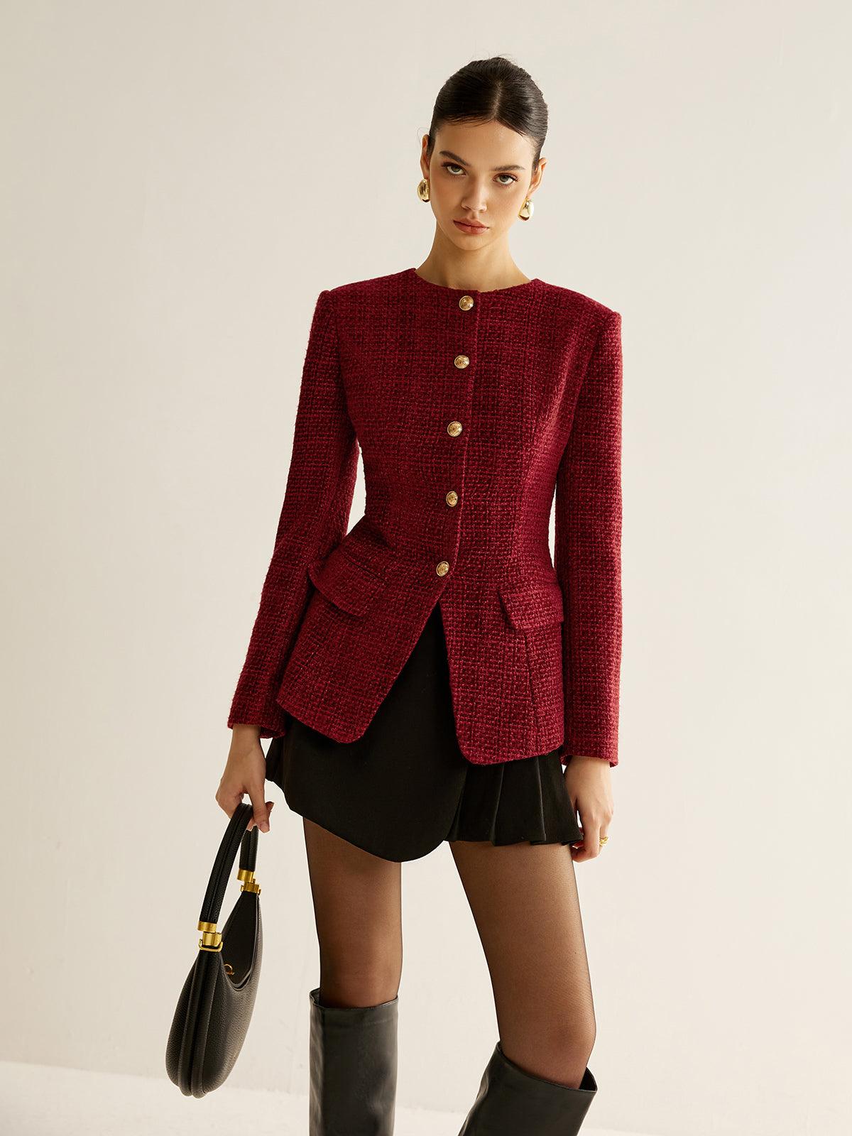 Kırmızı Altın Düğme Detaylı Tüvit Blazer Ceket - Phentora