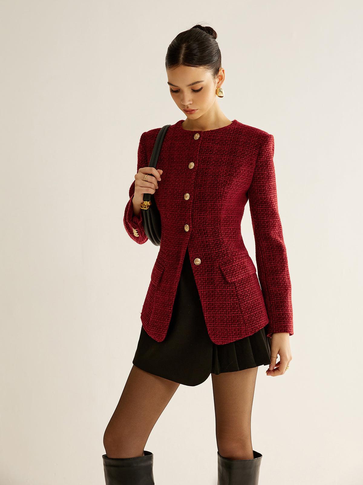 Kırmızı Altın Düğme Detaylı Tüvit Blazer Ceket - Phentora