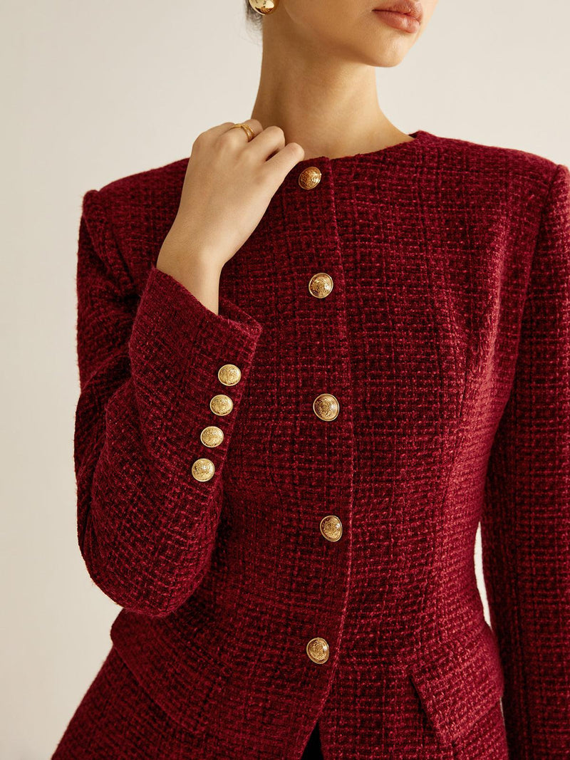 Kırmızı Altın Düğme Detaylı Tüvit Blazer Ceket - Phentora