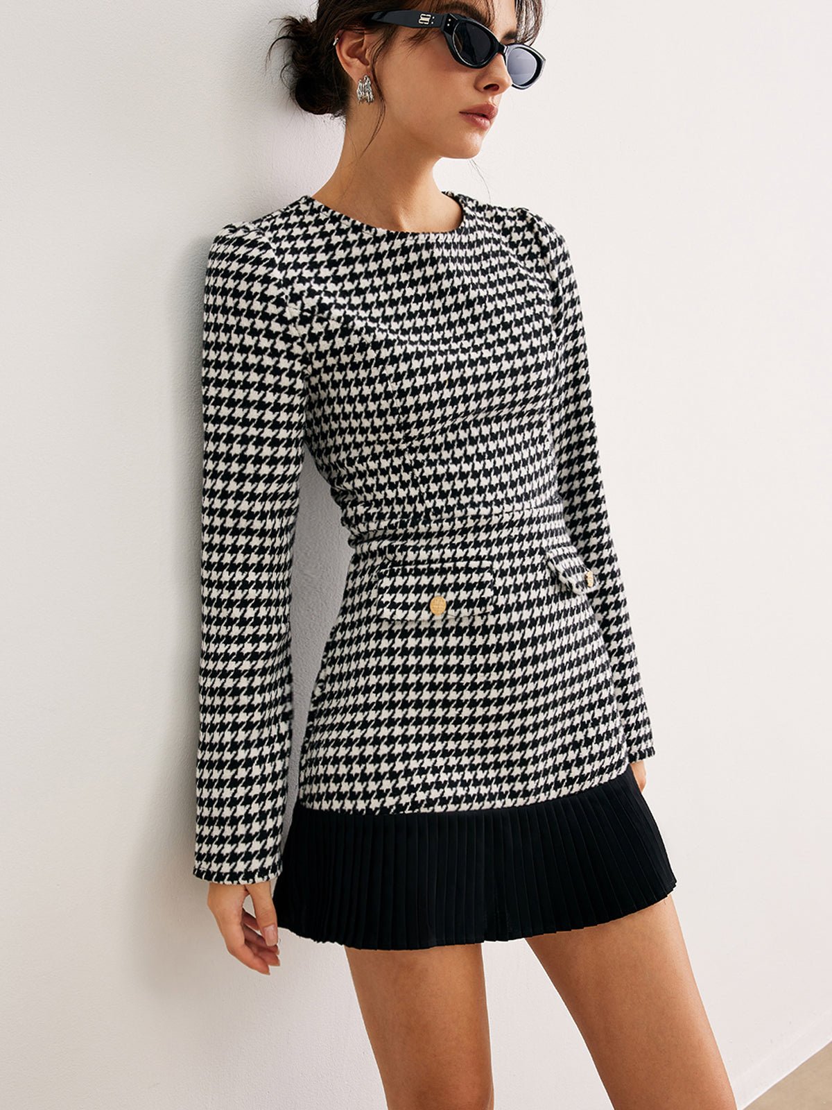 Houndstooth Panel Kısa Elbise - Phentora