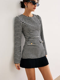 Houndstooth Panel Kısa Elbise - Phentora