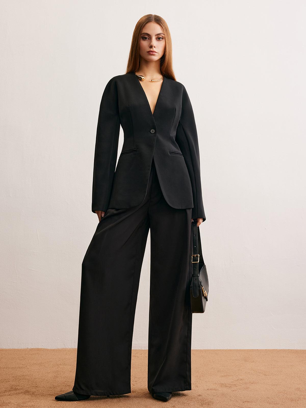Minimalist Derin V Yaka Siyah Blazer Ceket - Phentora