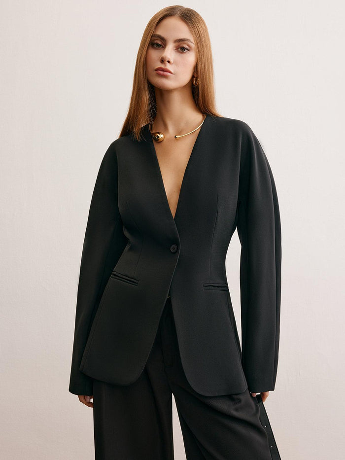 Minimalist Derin V Yaka Siyah Blazer Ceket - Phentora