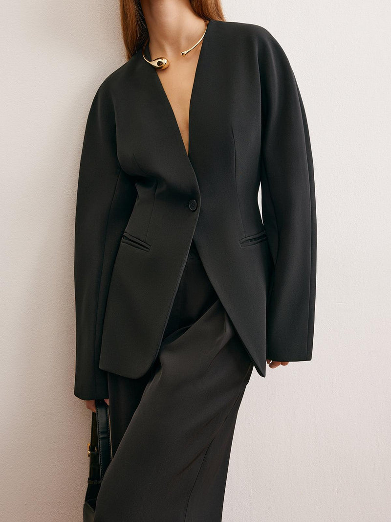 Minimalist Derin V Yaka Siyah Blazer Ceket - Phentora