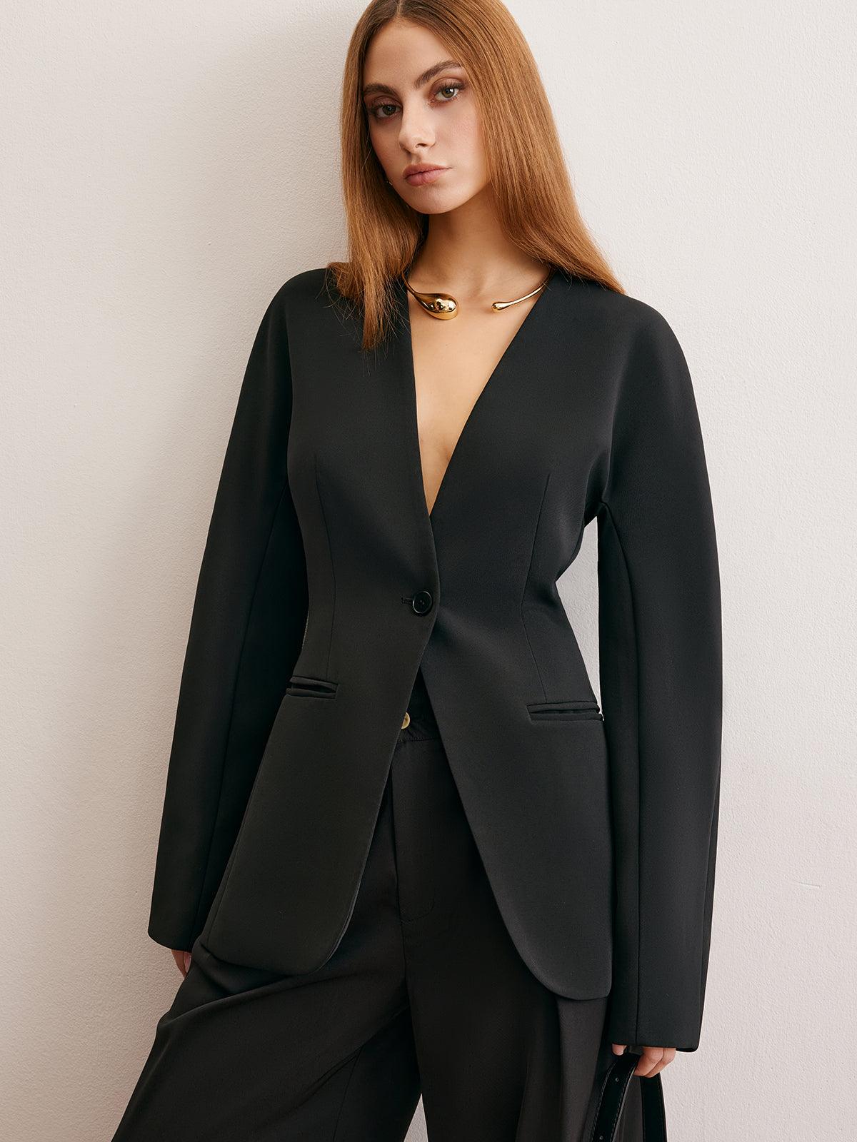 Minimalist Derin V Yaka Siyah Blazer Ceket - Phentora