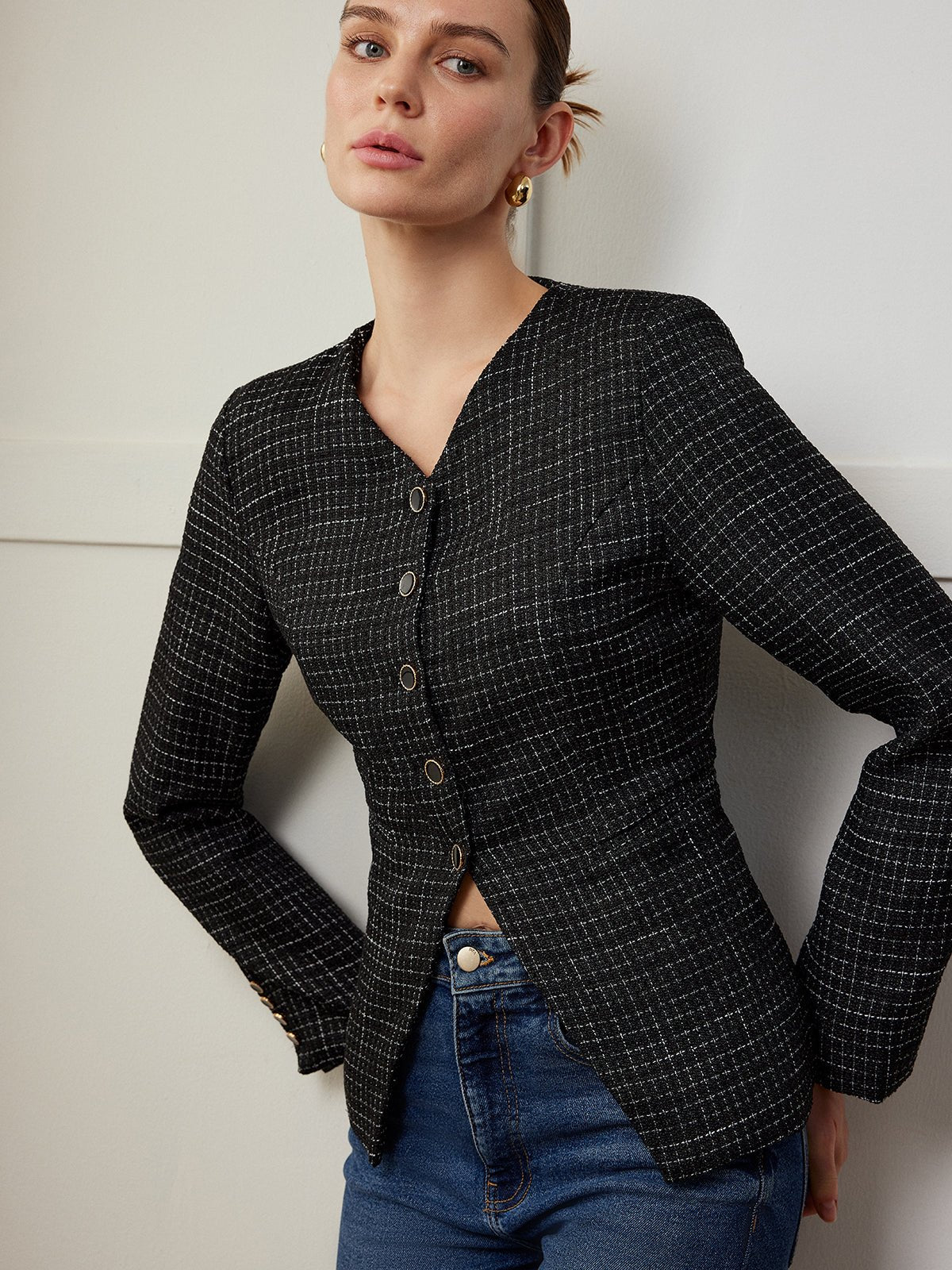 Şık Ekose Düğmeli Slim Kesim Fit Ceket - Phentora