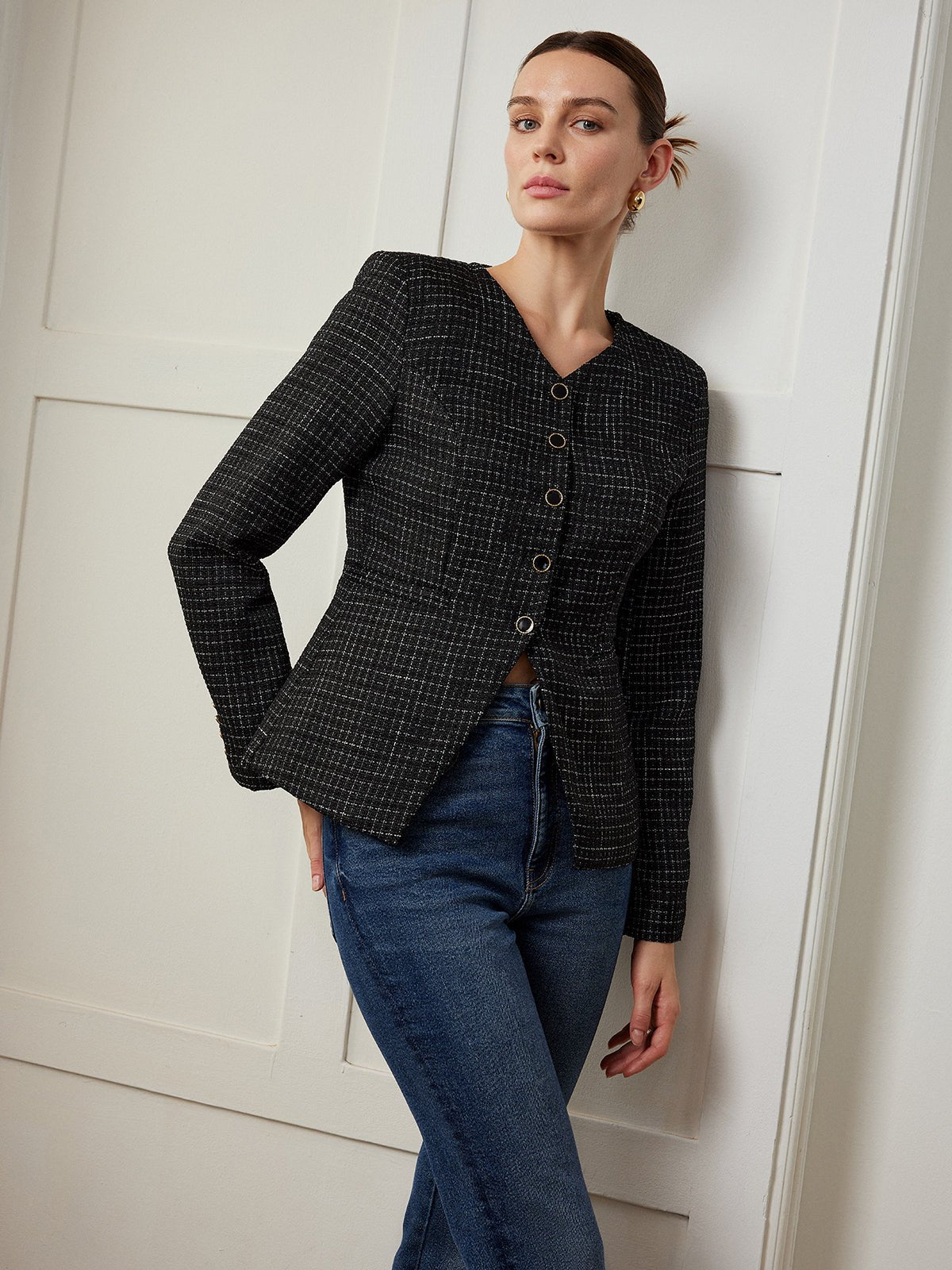 Şık Ekose Düğmeli Slim Kesim Fit Ceket - Phentora