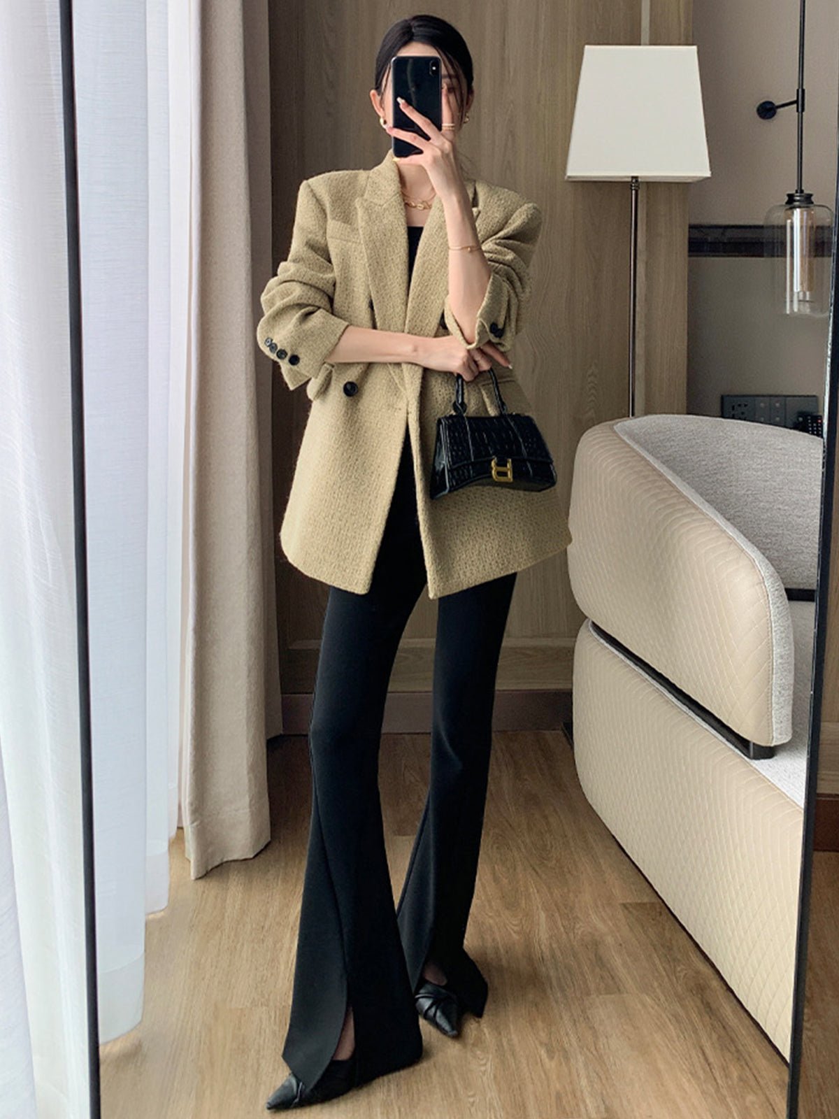 Doku Desenli Tweed Kapitone Blazer - Phentora