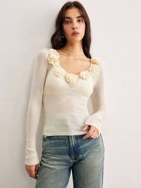 3D Flower Semi - Sheer Triko Üst - Phentora