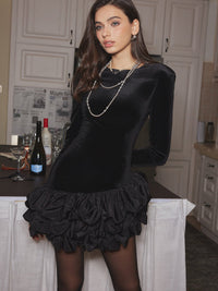 Kadife Bubble Elbise With Shoulder Pads - Phentora