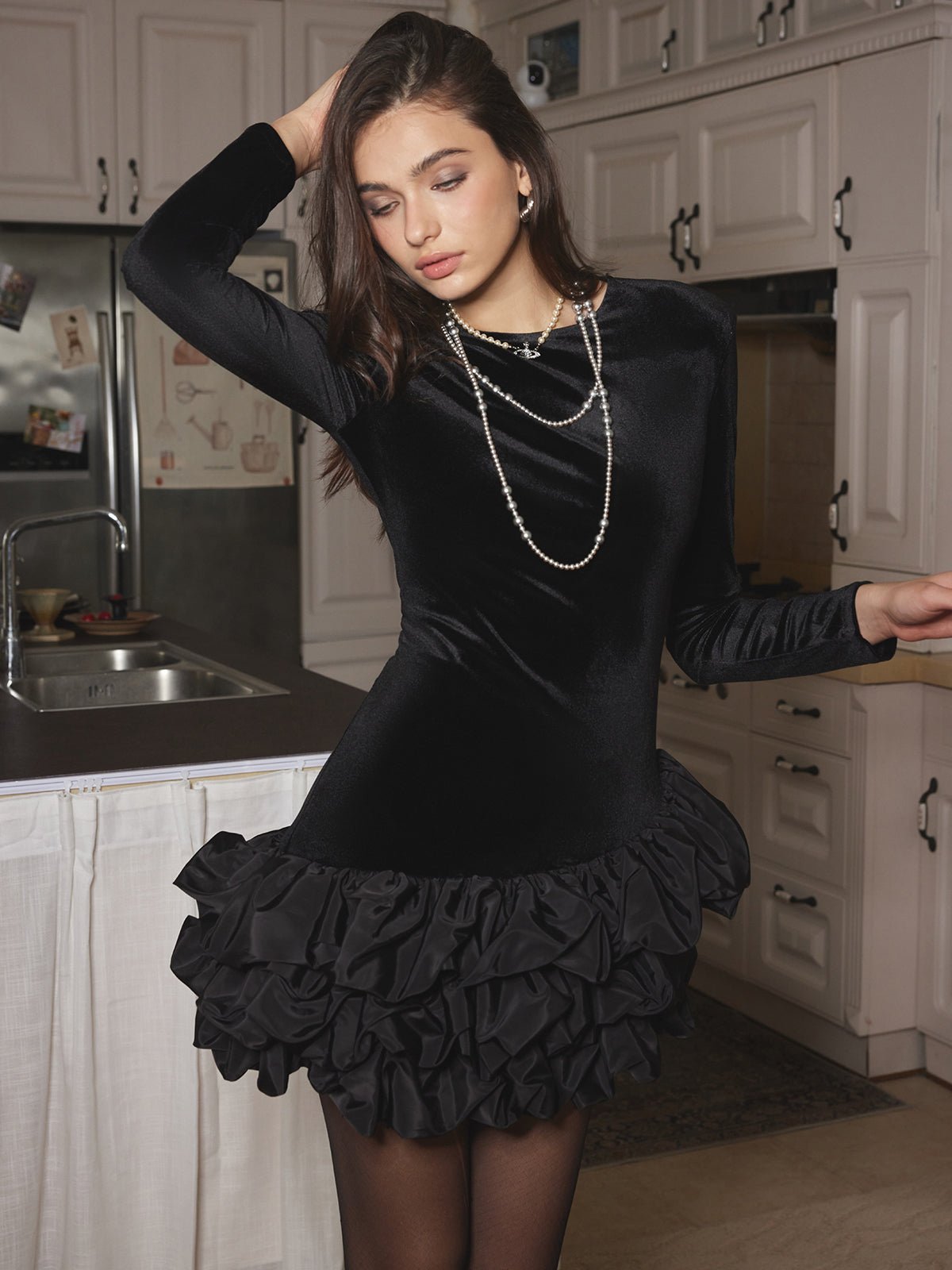 Kadife Bubble Elbise With Shoulder Pads - Phentora