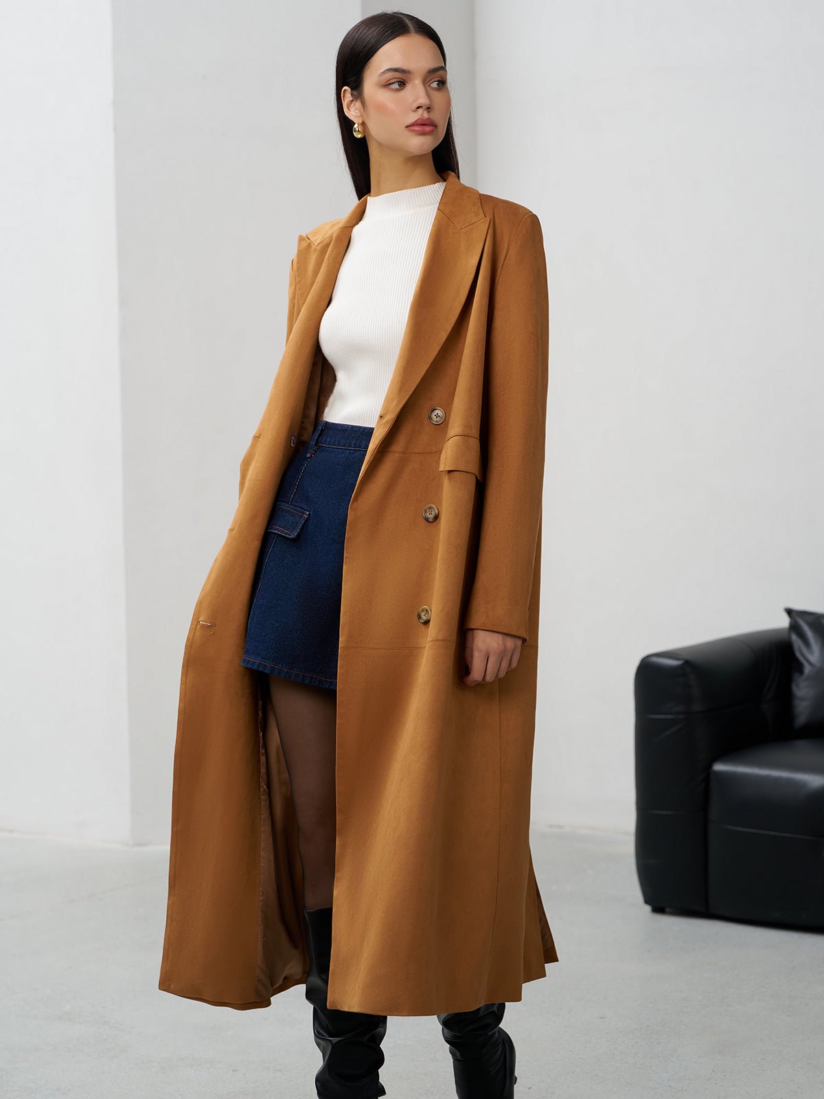 Süet Düğmeli Uzun Blazer - Phentora