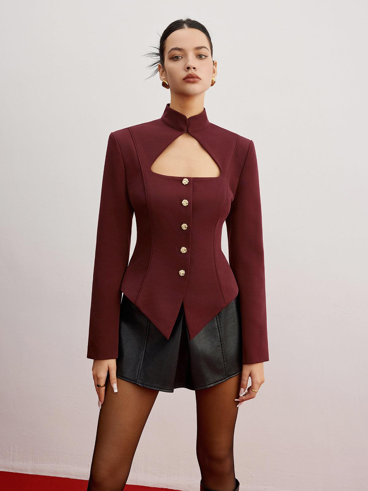 Bordo Dekolteli Düğme Detaylı Korse Blazer - Phentora