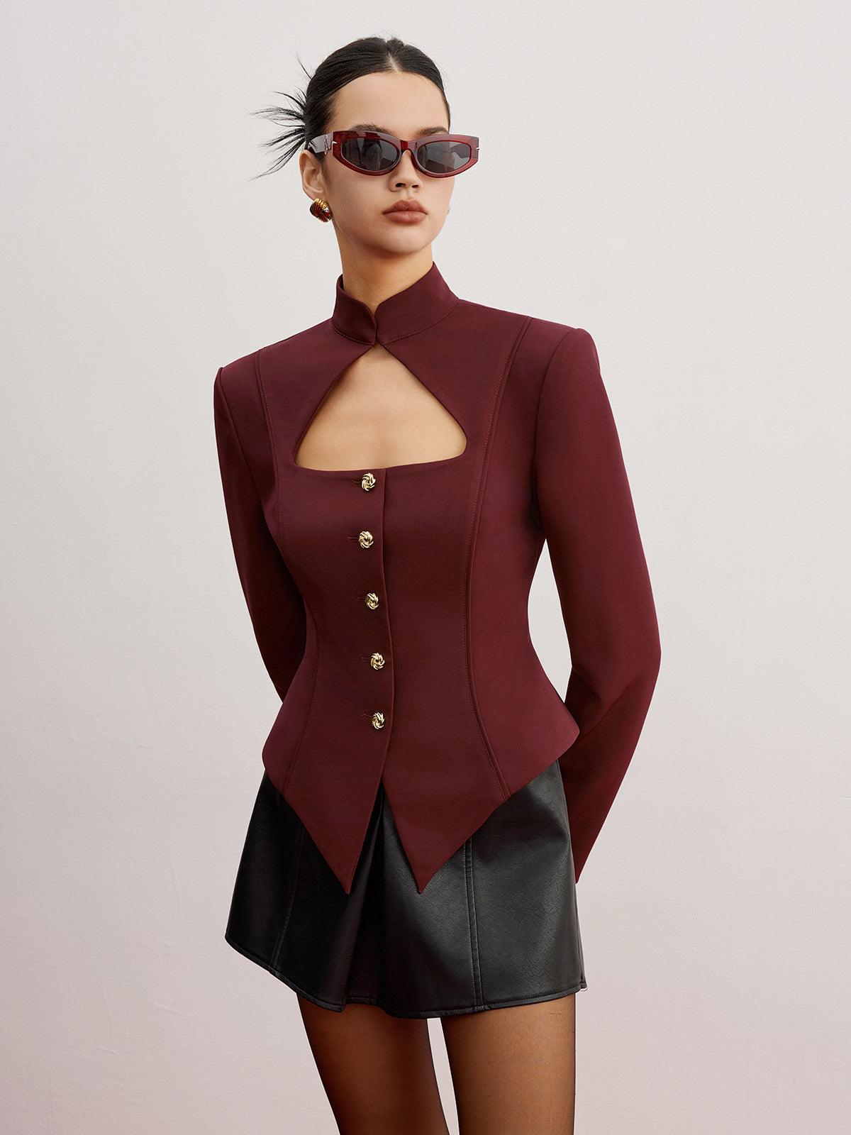 Bordo Dekolteli Düğme Detaylı Korse Blazer - Phentora