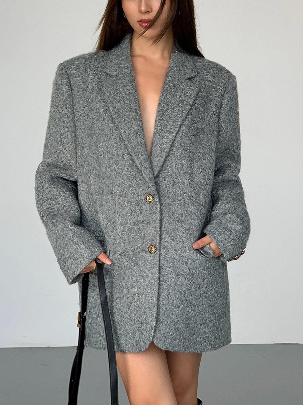 Gri Bol Kesim Dokulu Blazer Ceket - Phentora