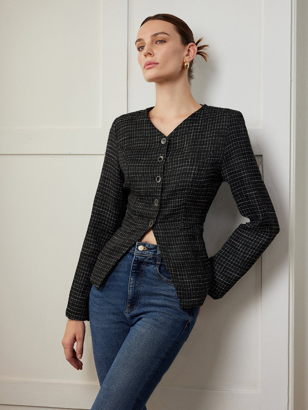 Şık Ekose Düğmeli Slim Kesim Fit Ceket - Phentora