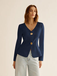 Ekru Altın Düğme Detaylı Modern Blazer Ceket - Phentora